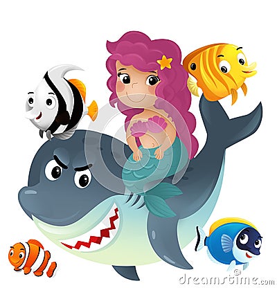 cartoon scene with mermaid princess and shark swimming together having fun with coral reef fishes isolated illustration for kids Cartoon Illustration