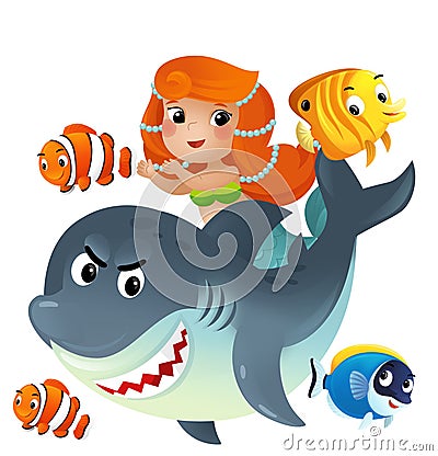 cartoon scene with mermaid princess and shark swimming together having fun with coral reef fishes isolated illustration for kids Cartoon Illustration