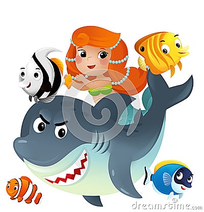 cartoon scene with mermaid princess and shark swimming together having fun with coral reef fishes isolated illustration for kids Cartoon Illustration