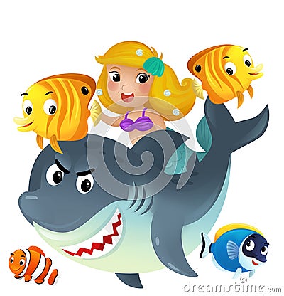 cartoon scene with mermaid princess and shark swimming together having fun with coral reef fishes isolated illustration for kids Cartoon Illustration