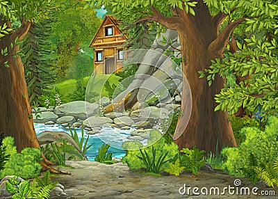 Cartoon scene with mountains and valley with farm house and garden near the forest and stream Cartoon Illustration