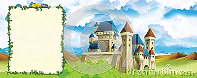 Cartoon scene with mountains valley near the forest and castle with frame for text Cartoon Illustration