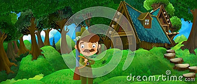 Cartoon scene with older man farmer or hunter in the forest encountering two castles - illustration for children Cartoon Illustration
