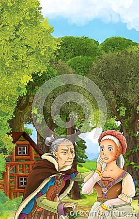 Cartoon scene of older woman talking to young woman - medieval times Cartoon Illustration