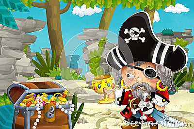 Cartoon scene with pirate in the jungle holding royal crown with treasure Cartoon Illustration