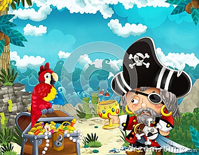 Cartoon scene with pirate in the jungle holding royal crown with treasure Cartoon Illustration