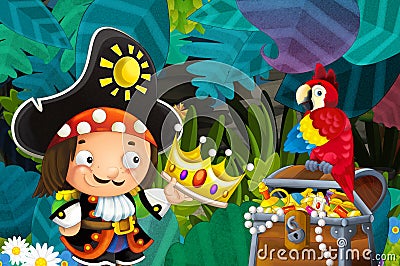 Cartoon scene with pirate in the jungle holding royal crown with treasure - illustration Cartoon Illustration