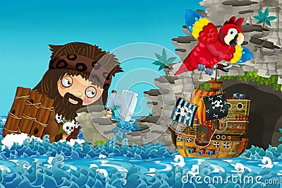 Cartoon scene with pirate ship sailing through the seas encountering giant - illustration Cartoon Illustration