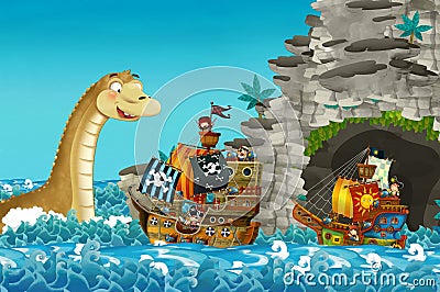 Cartoon scene with pirate ship sailing through the seas encountering sea monster Cartoon Illustration