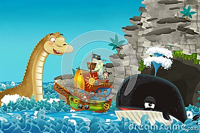 Cartoon scene with pirate ship sailing through the seas encountering sea monster Cartoon Illustration