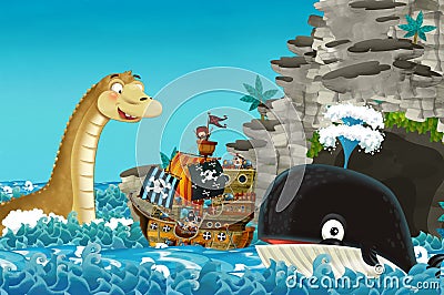 Cartoon scene with pirate ship sailing through the seas encountering sea monster Cartoon Illustration