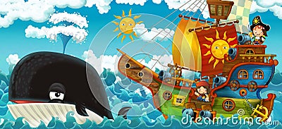 Cartoon scene with pirate ship sailing through the seas with happy pirates meeting swimming whale - illustration Cartoon Illustration