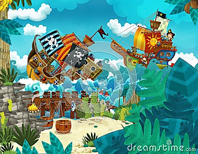 Cartoon scene with pirates on the sea battle with sinking ship - illustration Cartoon Illustration