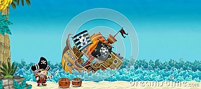 Cartoon scene with pirates on the sea battle with sinking ship - illustration Cartoon Illustration