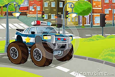 Cartoon scene with police car and sports car car at city police station and policeman Cartoon Illustration