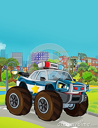 Cartoon scene with police car vehicle on the road near the garage or repair station - illustration Cartoon Illustration