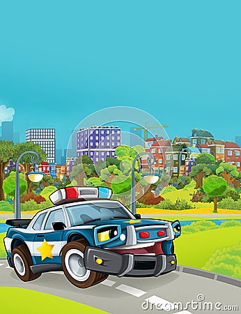 Cartoon scene with police sedan car vehicle on the road and fireman worker - illustration Cartoon Illustration