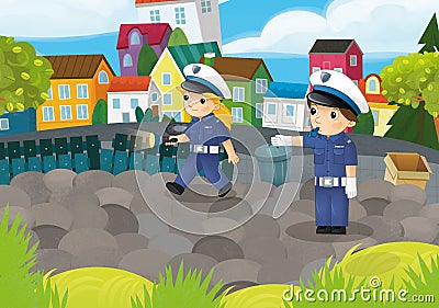 cartoon scene with policemen girl and boy in the city park in action illustration for children Cartoon Illustration