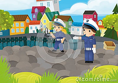 cartoon scene with policemen girl and boy in the city park in action illustration for children Cartoon Illustration