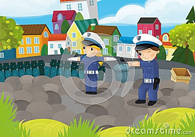 cartoon scene with policemen girl and boy in the city park in action illustration for children Cartoon Illustration