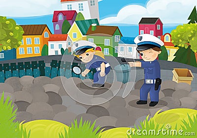 cartoon scene with policemen girl and boy in the city park in action illustration for children Cartoon Illustration