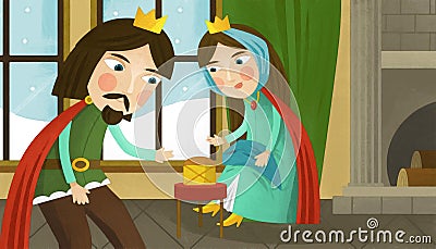 cartoon scene with prince and princess in the castle artistic painting style Cartoon Illustration