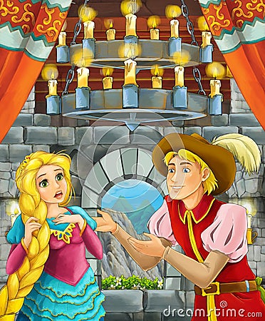 Cartoon scene with prince and princess talking together in the castle room Cartoon Illustration