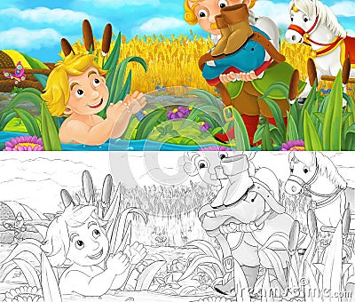 Cartoon scene with prince and servant by the water Cartoon Illustration