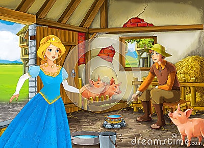 Cartoon scene with princess and farmer rancher in the barn pigsty Cartoon Illustration