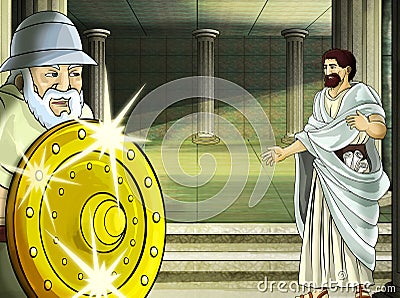 Cartoon scene with roman or greek warrior ancient character near some ancient building like temple Cartoon Illustration