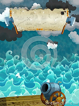 Cartoon scene of sea - stormy weather / with banner for different usage - pirate theme with axes Cartoon Illustration