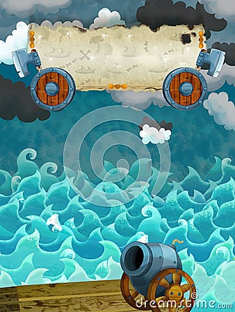 Cartoon scene of sea - stormy weather / with banner for different usage - pirate theme with axes Cartoon Illustration