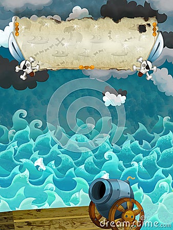 Cartoon scene of sea - stormy weather / with banner for different usage - pirate theme with swords Cartoon Illustration