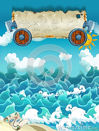 Cartoon scene of sea - sunny weather / with banner for different usage - pirate theme with swords Cartoon Illustration