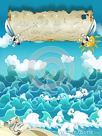 Cartoon scene of sea - sunny weather / with banner for different usage - pirate theme with swords Cartoon Illustration