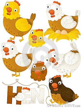 Cartoon scene with set of chickens hens on white background Cartoon Illustration