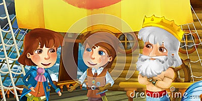 Cartoon scene on the ship with prince captain on the deck and other people - illustration Cartoon Illustration