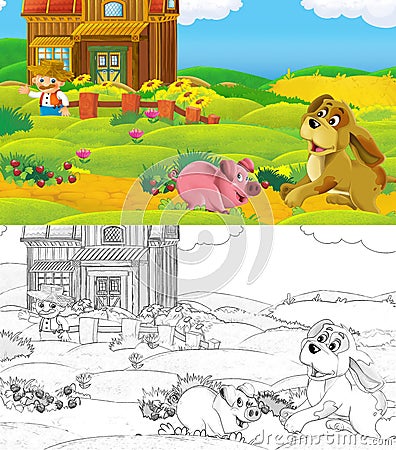 Cartoon scene with sketch farm ranch animal near wooden barn Cartoon Illustration