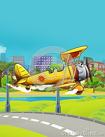 Cartoon scene with vintage vehicle biplane flying near park road - illustration for children Cartoon Illustration