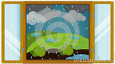 Cartoon scene with weather in the window - rainy - stormy Cartoon Illustration