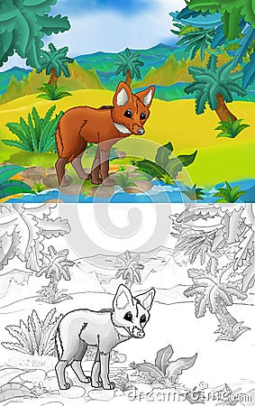 Cartoon scene with wild animal maned wolf in nature - illustration Cartoon Illustration