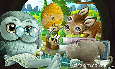 Cartoon scene wise owl in tree house learning books Cartoon Illustration