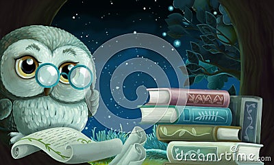 Cartoon scene with wise owl in tree house learning reading books illustration Cartoon Illustration