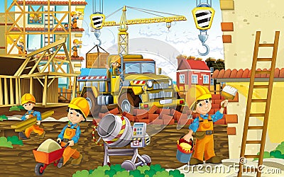 Cartoon scene with workers on construction site - builders doing different things Cartoon Illustration