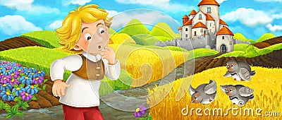 Cartoon scene - young boy farmer traveling to the castle on the hill watching wild birds flying by Cartoon Illustration