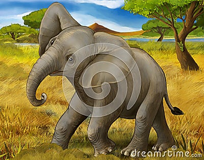 Cartoon scene with young elephant traveling through some meadow safari Cartoon Illustration