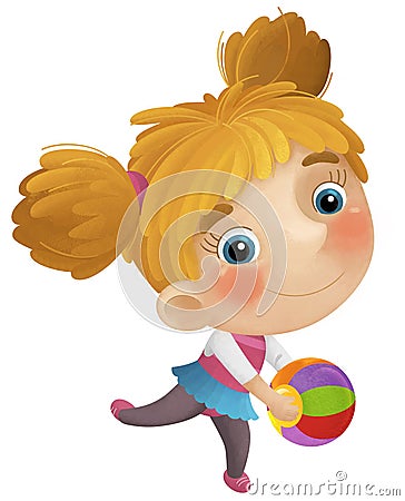 cartoon scene with young girl having fun playing dancing with colorful ball ballet leisure free time isolated illustration for Cartoon Illustration