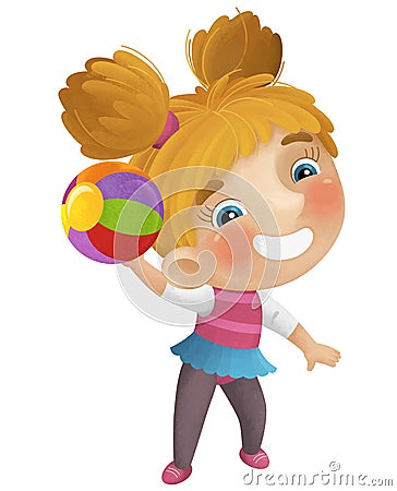 cartoon scene with young girl having fun playing dancing with colorful ball ballet leisure free time isolated illustration for Cartoon Illustration