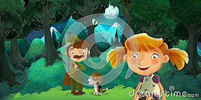 Cartoon scene with young girl sitting and hunter forester in the forest Cartoon Illustration