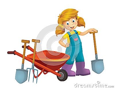 Cartoon scene young girl near wheelbarrow - farming tools Cartoon Illustration